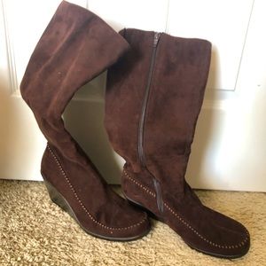 Unique brown faux suede wedge boots